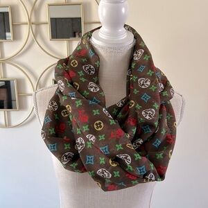 Loop, Ring, Infinity scarf brown with multi flower and skull pattern 30”x 35”